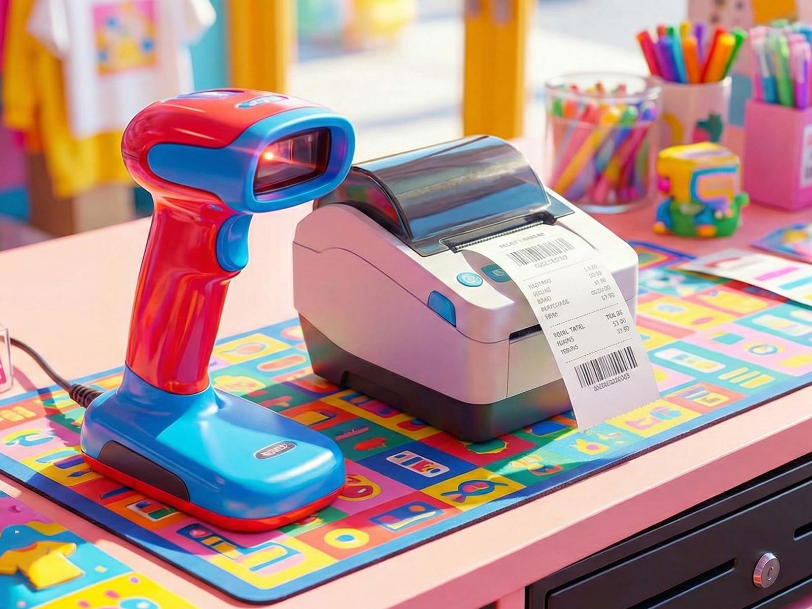 Детектор штрих-кода и принтер для этикеток на кассе.