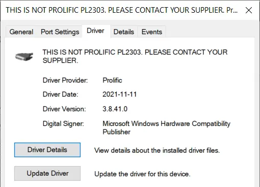 THIS IS NOT PROLIFIC PL2303 PLEASE CONTACT SUPPLIER